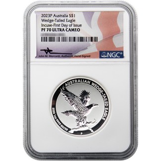 2023P $1 Australian 1 oz Silver Incused Wedge Tailed Eagle NGC PF70 UC FDI Mercanti Signed
