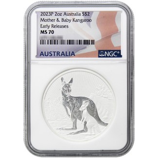 2023 P $2 Australia 2oz Silver Mother & Baby Kangaroo NGC MS70 Early Releases Flag Label