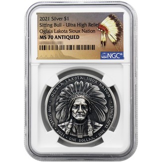 2021 $1 Oglala Lakota 1 oz Silver Antiqued NA Chief Series "Sitting Bull" UHR NGC MS70 NA Label