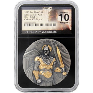 2023 $5 Niue Legendary Warriors Julius Caesar 2oz Silver Gilt HR Coin NGCX MS10 Antiqued One of 500
