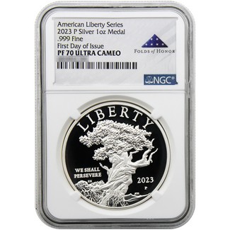 2023 P 1oz American Liberty Series Silver Proof Medal NGC PF70 UC FDI Folds of Honor Label POP=35