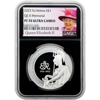 2023 1£ St. Helena 1oz Silver "Queen Elizabeth II Memorial" Proof NGC PF70 UC QEII Label Black Core