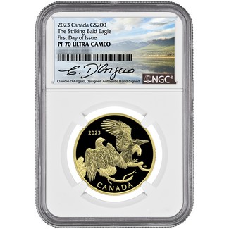2023 $200 Canada 1oz Gold "The Striking Bald Eagle" Proof NGC PF70 UC FDI D'Angelo Signed Label
