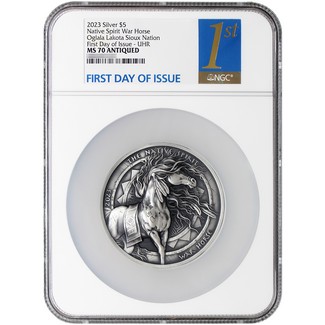 2023 $5 Oglala Lakota 5oz Silver Antiqued N.A. Spirit Series 'War Horse' UHR NGC MS70 FDI 1st Label