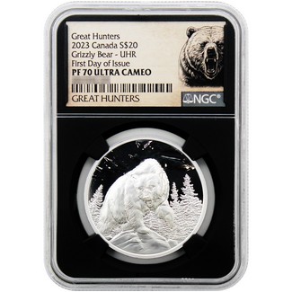 2023 $20 Canada 1oz Silver Great Hunters Grizzly Bear UHR Proof NGC PF70 UC FDI