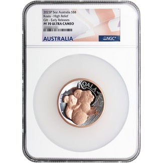 2023 P $8 Australia 5oz Silver Koala High Relief Rose Gilt Proof NGC PF70 UC ER Flag Label