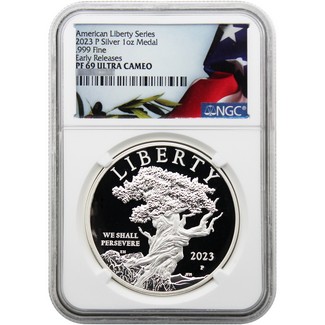 2023 P 1oz American Liberty Series Silver Medal Proof NGC PF69 UC ER Flag/Olive Branch Label