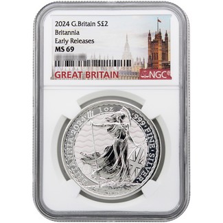 2024 Great Britain £2 Silver Britannia NGC MS69 Early Releases Great Britain Tower Label