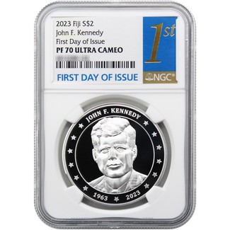 2023 $2 Fiji John F. Kennedy 1oz Silver 1963-2023 Proof NGC PF70 UC FDI 1st Label