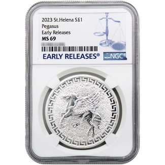 2023 £1 St. Helena Silver Pegasus NGC MS69 Early Releases Blue Label