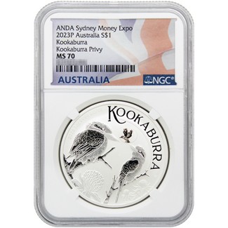 2023 Australia 1oz Silver Kookaburra with Kookaburra Privy Mark NGC MS70 Flag Label