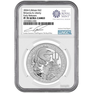2024 £2 1oz. Proof Silver Britannia & Liberty Coin NGC PF70 UC Early Releases Gordon Summers Signed