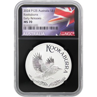 2024 P125 $1 Australia 1 oz Silver Kookaburra NGC MS70 Early Releases Flag Label Black Core