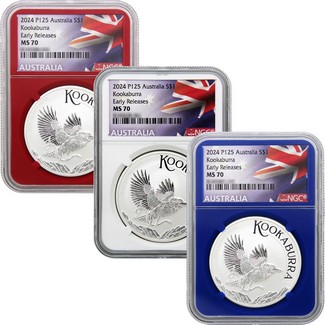 2024 P125 Red, White, & Blue $1 Australia 1oz Silver Kookaburra Set NGC MS70 ER Flag Label