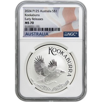 2024 P125 $1 Australia 1 oz Silver Kookaburra NGC MS70 Early Releases Flag Label White Core