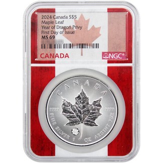 2024 $5 Canada 1oz Silver Maple Leaf First Strikes w/ YoT Dragon Privy NGC MS69 FDI Flag Core/Label