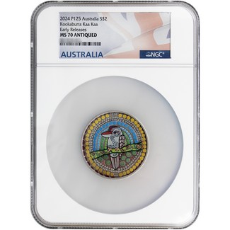 2024 Australia 2oz Antiqued Colorized Silver Kookaburra KAA KAA Coin NGC MS70 Early Releases NGC Flag Label