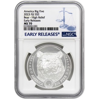 2023 $2 Fiji Silver 1oz Silver High Relief American Big 5 Brown Bear Coin NGC MS70 ER Blue Label