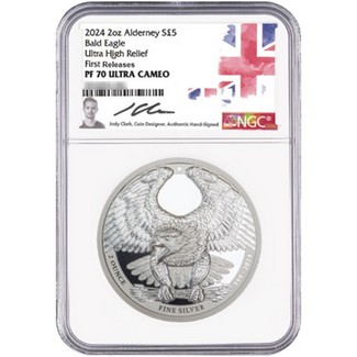 2024 £5 Alderney 2oz Silver Proof UHR Bald Eagle Coin NGC PF70 UC FR Jody Clark Signed Label