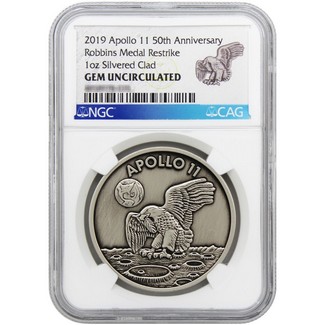 2019 Silvered Clad 1oz Apollo 11 50th Anniversary Robbins Medal Restrike NGC GEM UNC