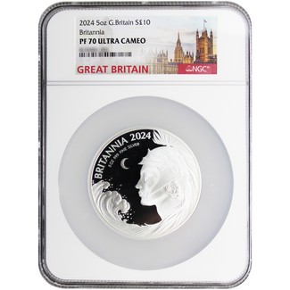 2024 £10 Proof Great Britain 5 oz Silver Britannia NGC PF70 UC Great Britain Tower Label