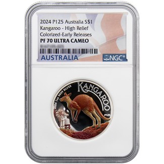 2024 P125 $1 Proof Australia 1oz Colorized Silver High Relief Kangaroo NGC PF70 UC ER Australia Flag Label