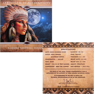 2025 $1 Mesa Grande Sovereign Nation 5oz Copper Moon Goddess Hanwi