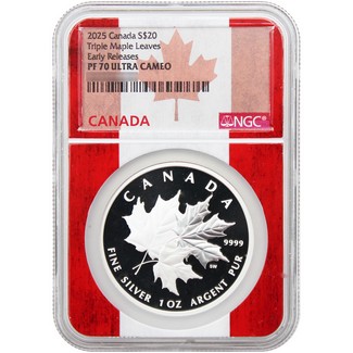 2025 $20 Proof Canada 1oz Silver Triple Maple Leaf NGC PF70 UC ER Canada Flag Core