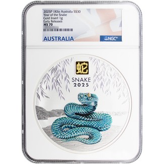 2025 P $30 Australia Lunar Series III Kilo Colorized Silver Year of the Snake w/ 1g Gram Insert NGC MS70 ER Australia Flag Label