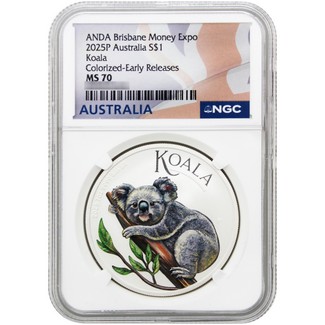 2025 P Australia 1oz Colorized Silver Koala NGC MS70 ER Brisbane Money Expo ANDA Special
