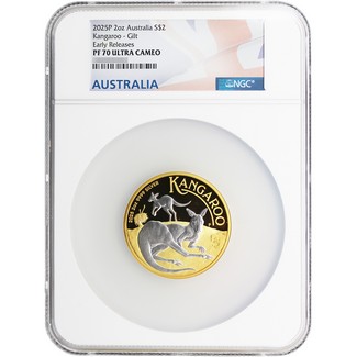 2025 P $2 Proof Australia 2oz Reverse Gilded Silver Kangaroo  NGC PF70 UC ER Australia Flag Label