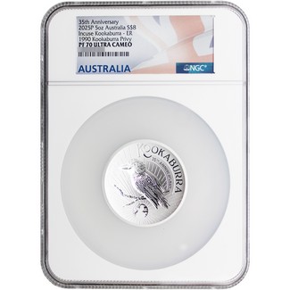 2025 P $8 Proof Australia 5oz Incuse Silver High Relief Kookaburra 35th Anniversary 1990 Kookaburra Privy NGC PF70 UC ER Australia Flag Label