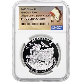 2025 $1 Proof Oglala Lakota Sioux Nation Native American Series 1oz Silver The Great Race NGC PF70 UC Native American Label