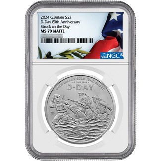 2024 £2 Great Britain 1oz Silver D-Day 80th Anniversary Coin Struck on June 6, 2024 NGC MS70 Matte One of 1944 Struck Olive Branch/Flag Label
