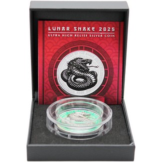 2025 $2 Fiji 1oz Antiqued Silver Ultra High Relief Year of the Snake Enameled BU Condition Coin OGP