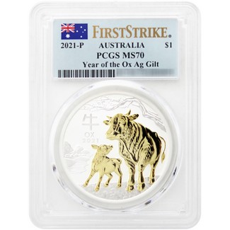 2021 P $1 Australia 1oz Gilded Silver Year of the Ox PCGS MS70 FS Flag Label