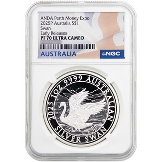 2025 P $1 Proof Australia 1oz Silver Swan NGC PF70 UC ER Australia Flag Label from the Perth ANDA Show Special