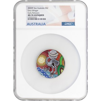 2025 P Australia 2oz Antiqued Colorized Silver Emu Utingat NGC MS70 ER Australia Flag Label