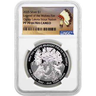 2025 $1 Proof Oglala Lakota Sioux Nation Native American Series 1oz Silver The Wolves Fire NGC PF70 UC Native American Label