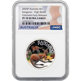 2025 P $1 Proof Australia 1oz Colorized Silver High Relief Kangaroo NGC PF70 UC ER Australia Flag Label