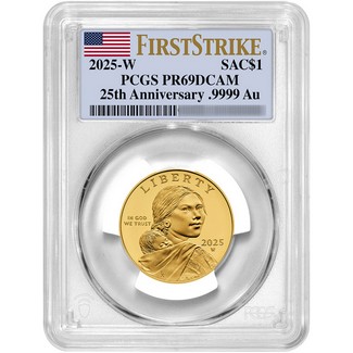 2025 W $1 Proof Sacagawea Gold Dollar 25th Anniversary PCGS PR69 DCAM FS Flag Label