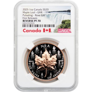 2025 $20 Reverse Proof Canada 1oz Rose Gold Silver Ultra High Relief Pulsating Forest Fields NGC PF70 FR Niagara Falls Label