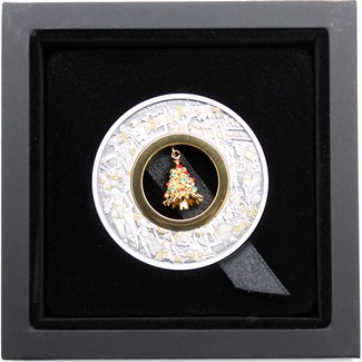 2025 P Australia 2oz Antiqued Colorized Silver Santa's Workshop Coin w/ 24kt Gold Plated Christmas Tree Charm
