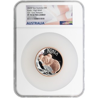 2025 P $8 Proof Australia 5oz Rose Gilded Silver High Relief Koala NGC PF70 UC ER Australia Flag Label