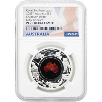 2025 P $1 Proof Australia 1oz Silver Great Southern Land Snakeskin Jasper NGC PF70 UC ER Australia Flag Label