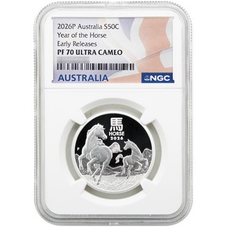 2026 P 50C Australia Lunar Series III 1/2oz Silver Year of the Horse NGC PF70 UC ER Australia Flag Label