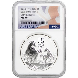 2026 P $1 Australia Lunar Series III 1 oz Silver Year of the Horse NGC MS70 ER Australia Flag Label
