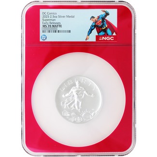 2025 DC Comics Superman 2.5oz Silver Medal NGC MS70 Matte ER Red Core Superman Label