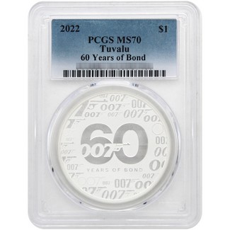 2022 $1 Tuvalu 1oz Silver 60 Years of James Bond Coin PCGS MS70 Blue Label