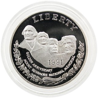 1991 S Proof Mount Rushmore Commem Dollar in Cap & Box